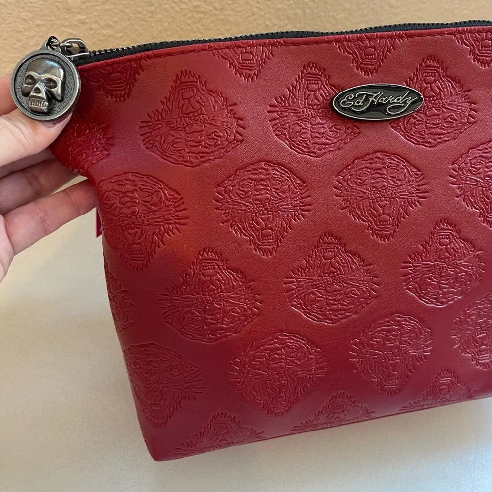 Ed Hardy Red Embossed Women's Makeup Cosmetic Bag